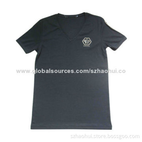 Men's personalized custom round neck T-shirt with printed logo on sleeves, OEM service offered